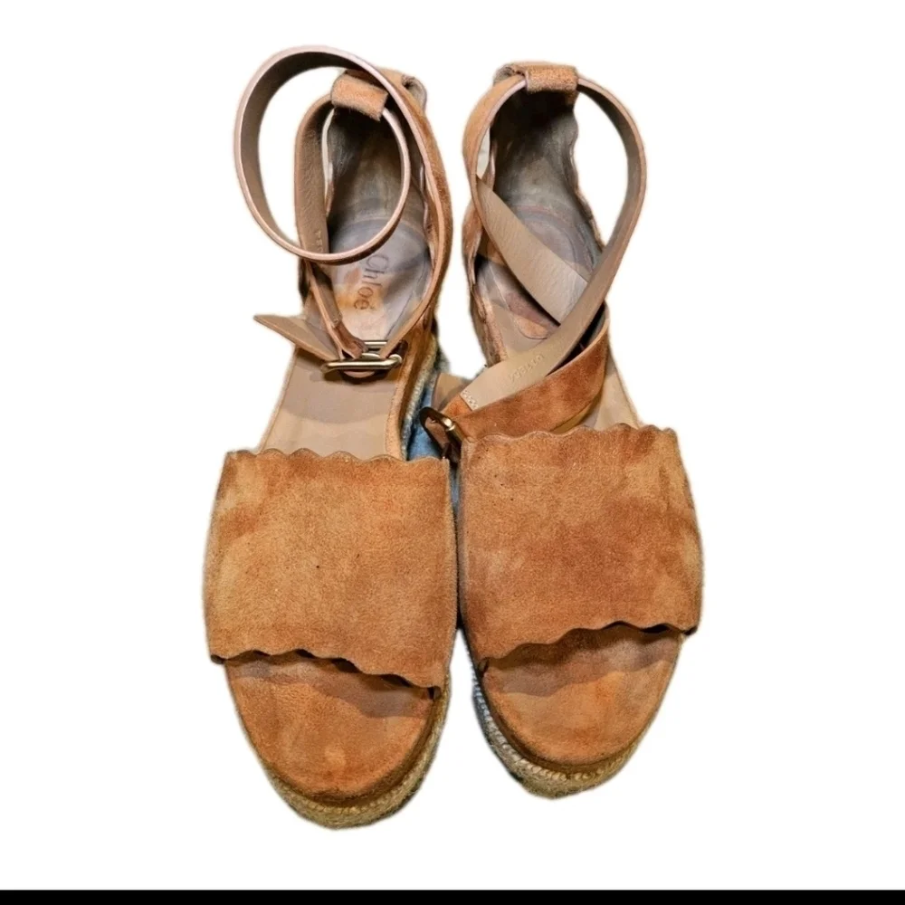 Chloé Lauren Womans Tobacco Suede Espadrille Wedge Designer  Sandals 38